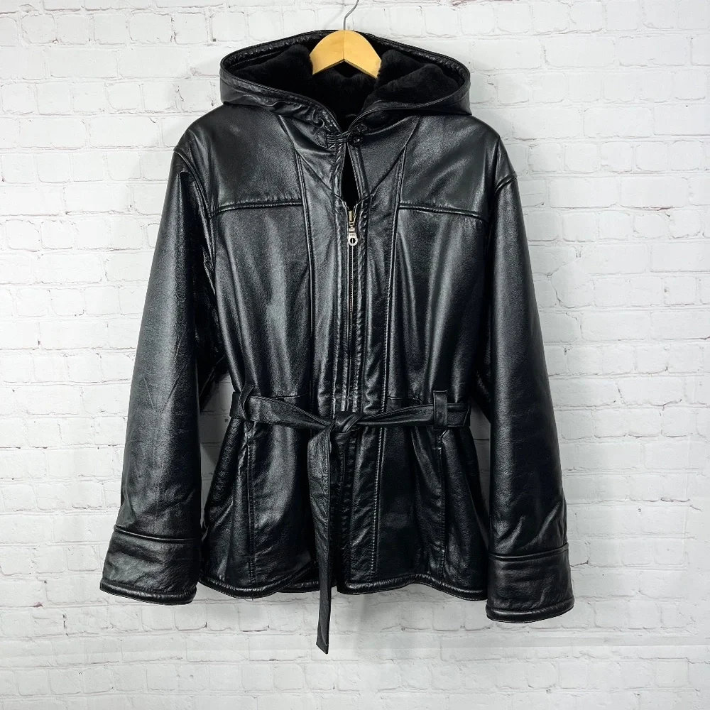 WOMENS! NWOT |•WILSONS LEATHER•| Black Leather Heavy Fur Lined Hooded Jacket - Picture 1 of 16